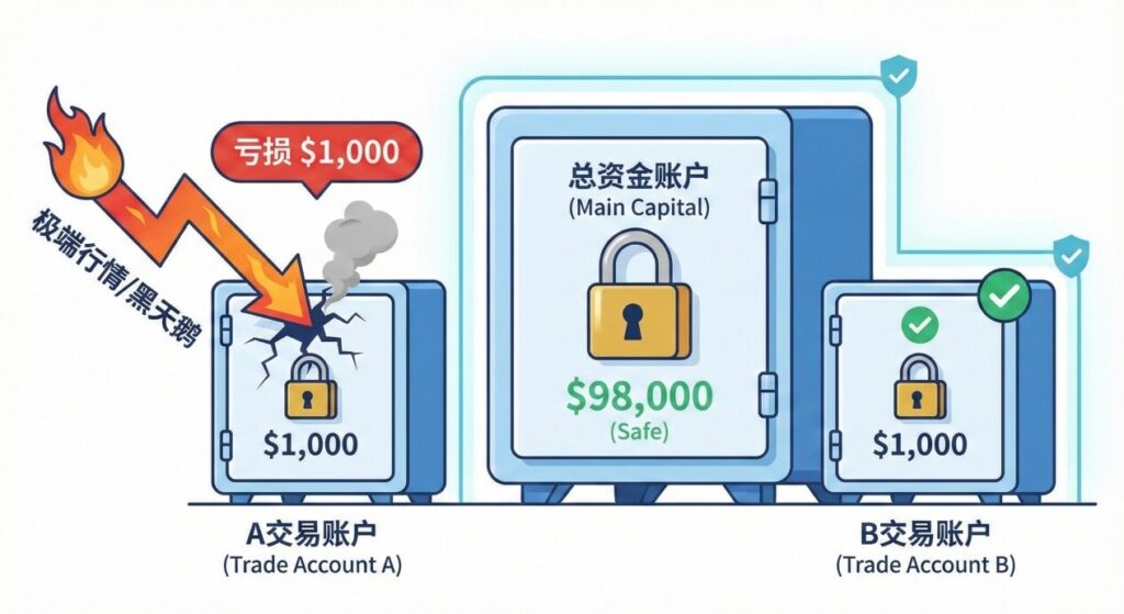 Ultima Markets交易分仓策略示意图：通过独立账户隔离风险，确保大金库资金不受极端行情影响